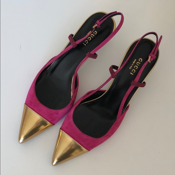 Gucci Magenta/Gold Suede Pumps - Picture 2 of 5